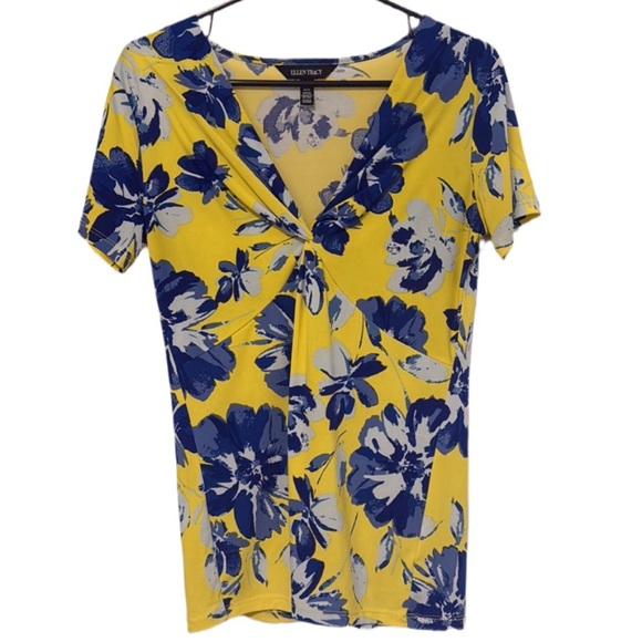 ELLEN TRACY Coastal Chic Yellow with Light & Dark Blue Flowers Blouse XS - Picture 1 of 8